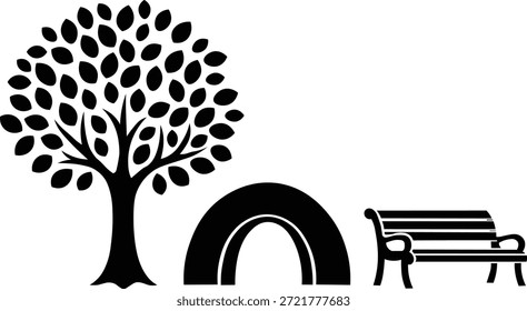 Park and Garden Landscape Elements Silhouette Set. Vector Illustration of a Broadleaf Tree, Archway Tunnel, and Wooden Bench. Public Recreation and Nature Icons.