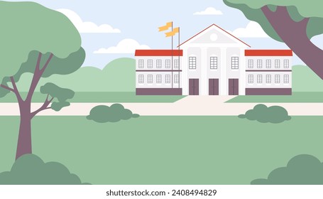 Edificio de parque o jardín y blanco, ilustración vectorial en estilo plano de dibujos animados. Paisaje de la ciudad de verano con campus, césped verde, árboles y un edificio oficial de oficinas con columnas, universidad o universidad.