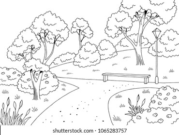 Park graphic black white bench lamp landscape sketch illustration vector