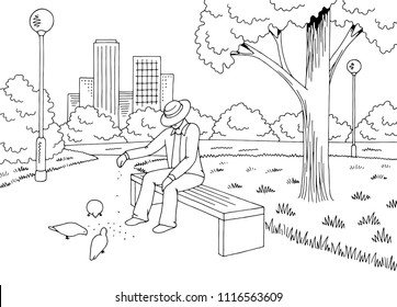 Park graphic black white bench lamp landscape sketch illustration vector. Old man feeding birds