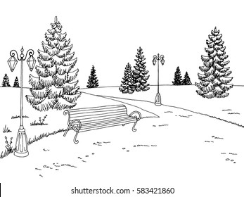 Park graphic black white bench lamp landscape sketch illustration vector