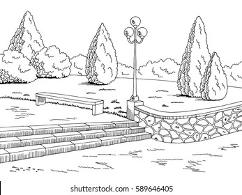 Park graphic black white bench lamp landscape sketch illustration vector