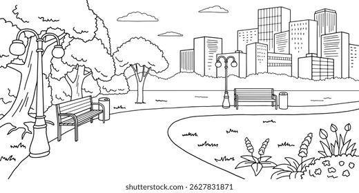Parque gráfico preto branco cidade paisagem esboço ilustração vetor 
