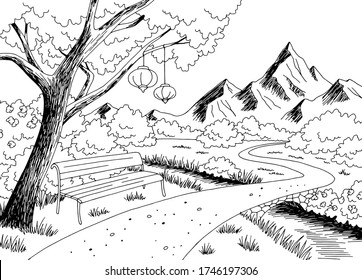 Park graphic black white landscape sketch illustration vector