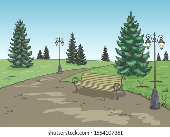 Park Graphic Color Bench Lamp Landscape Sketch Illustration Vector