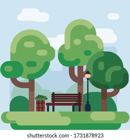 Park with green trees, bench and lantern. Urban public space for walking and relaxing. Town and city park landscape nature