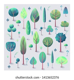 Park with green trees and bushes, vector set of plants, texture.