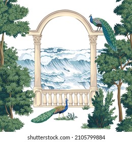 Park green trees, sea waves, arch, peacock seamless pattern white background. Italian botanical landscape wallpaper.