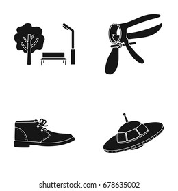 Park, gynecological tool and other web icon in black style. shoes, UFO icons in set collection.
