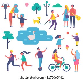 Park happy people activities isolated icons set vector. Family mom and child, running male and skating girl. People riding bicycle and swan in lake