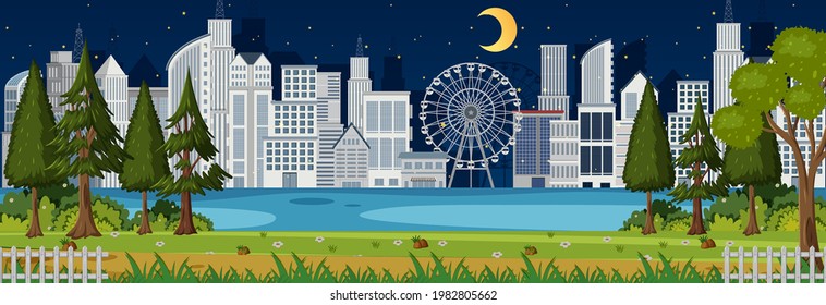 Park horizontal scene with cityscape background at night time illustration