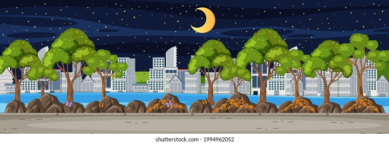 Parar la escena horizontal con el fondo del paisaje urbano en la ilustración nocturna