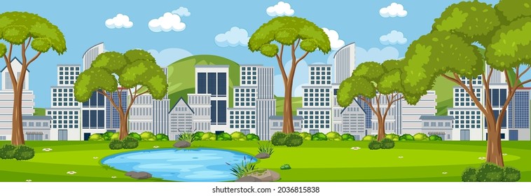 Park horizontal scene with cityscape background at day time illustration