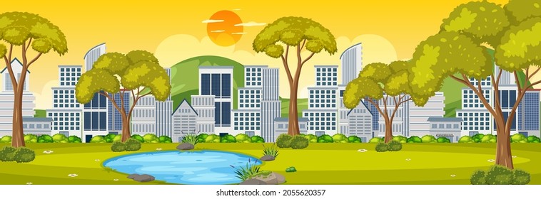 Park horizontal scene with cityscape background at sunrise time illustration