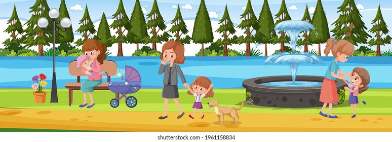 Park horizontal scene with many people illustration