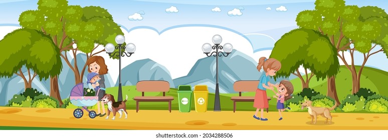 Park horizontal scene with many people illustration