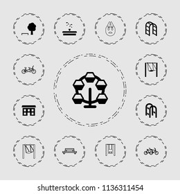 Park icon. collection of 13 park filled and outline icons such as carousel, tree and bench, playground ladder, table, family bicycle. editable park icons for web and mobile.