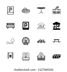 Park icon. collection of 16 park filled and outline icons such as garden bench, carousel, family bicycle, ferris wheel, pond, fountain. editable park icons for web and mobile.