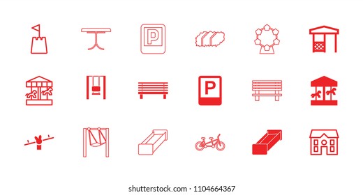 Park icon. collection of 18 park filled and outline icons such as carousel, gazebo, parking, house, castle tower, garden bench, swing. editable park icons for web and mobile.