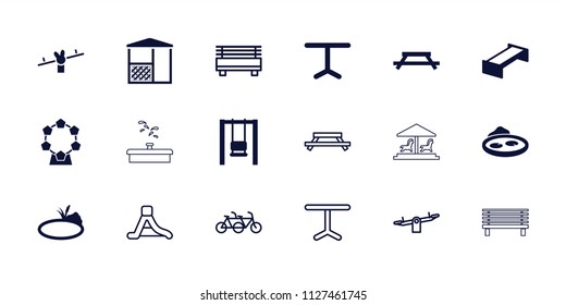 Park icon. collection of 18 park filled and outline icons such as garden bench, swing, table, pond, family bicycle, bench, waterslide. editable park icons for web and mobile.