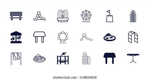 Park icon. collection of 18 park filled and outline icons such as table, carousel, pond, trampoline, building, playground ladder. editable park icons for web and mobile.
