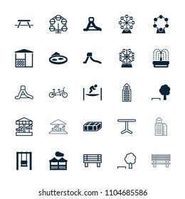 Park icon. collection of 25 park filled and outline icons such as garden bench, swing, tree and bench, pond, fountain, waterslide. editable park icons for web and mobile.