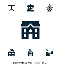 Park icon. collection of 7 park filled icons such as carousel, table, pergola, ferris wheel, building, house. editable park icons for web and mobile.