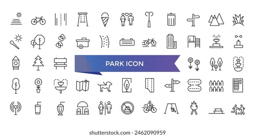 Park-Icon-Kollektion. Verwandt mit Wald-, Grill-, Lager-, Bank-, Picknick- und Spielplatz-Icons. Park Freizeit und Outdoor-Aktivitäten Symbole gesetzt.Park-Symbol Kollektion.