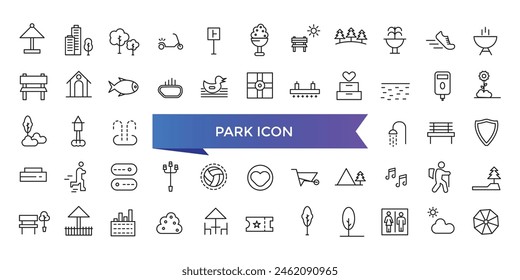 Colección de iconos de parque. Relacionado con el bosque, barbacoa, campamento, banco, picnic e iconos del parque infantil. Conjunto de símbolos de ocio y actividad al aire libre.colección de iconos de parque.