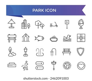 Colección de iconos de parque. Relacionado con el bosque, barbacoa, campamento, banco, picnic e iconos del parque infantil. Conjunto de símbolos de ocio y actividad al aire libre.colección de iconos de parque.