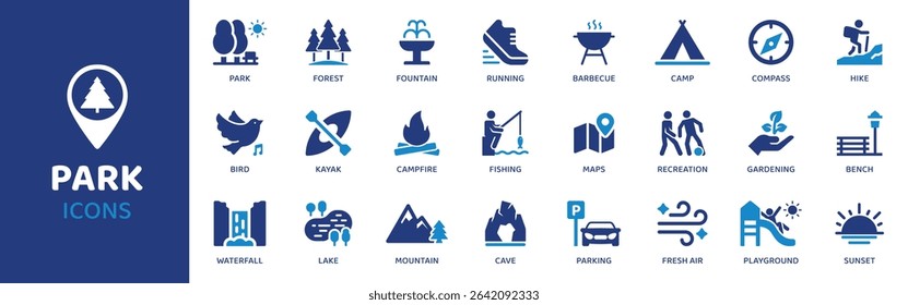 Park - Icon Collection. Thin Line Set contains such Icons as Park, Tree, Bench, Trail, Grass, Pond, Lake and more. Simple web icons set.