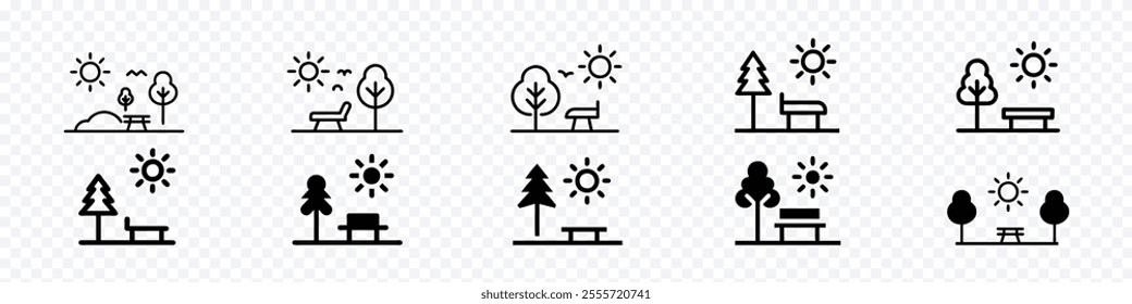  park icon, nature and outdoor activity, Park Icon Set. Trees, forest and bench vector icons. Nature, sun, lake. icon for plantation