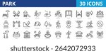 Park icon pack collection set for environment and gardening. With bench, picnic, area, playground, walking, path, lake view, nature, trail, water fountain, gate, environment, forest, hiking, camping