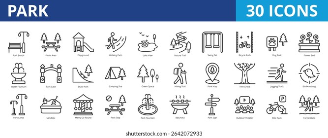 Park icon pack collection set for environment and gardening. With bench, picnic, area, playground, walking, path, lake view, nature, trail, water fountain, gate, environment, forest, hiking, camping