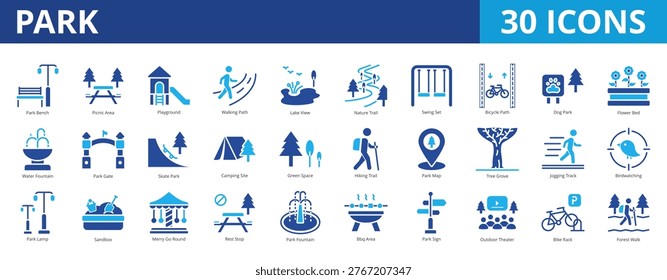 Park icon pack collection set for environment and gardening. With bench, picnic, area, playground, walking, path, lake view, nature, trail, water fountain, gate, environment, forest, hiking, camping