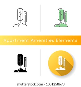 Park icon. Public garden. Environment and ecology. Wildlife landscape. Forest foliage. Trees in backyard. Yard grass and bush. Linear black and RGB color styles. Isolated vector illustrations