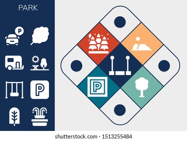 park icon set. 13 filled park icons.  Collection Of - Trapeze, Tree, Fountain, Swing, Parking, Caravan, Park, Cotton candy, Desert, Spruce icons