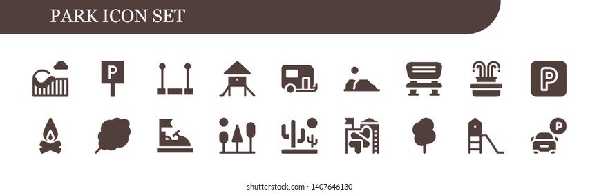 park icon set. 18 filled park icons.  Simple modern icons about  - Roller coaster, Parking, Trapeze, Playground, Caravan, Desert, Bench, Fountain, Campfire, Cotton candy, Bumper car