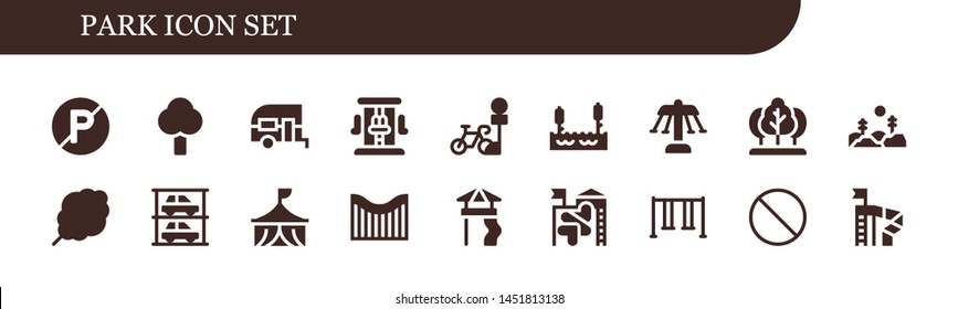 Park Icon Set. 18 Filled Park Icons.  Collection Of - No Parking, Tree, Caravan, Roller Coaster, Parking, Lake, Carousel, Forest, Cotton Candy, Parkings, Circus, Slide, Swing