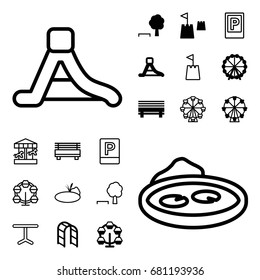 Park icon. set of 20 park filled and outline icons such as ferris wheel, playground ladder, waterslide, castle tower, parking, table, pond, carousel, tree and bench