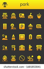 park icon set. 26 filled park icons. Included Roller coaster, Carousel, Desert, Caravan, Circus, Acorn, Inflatable, Landscape, Parking, Swing, Hill, Campfire, Marquee, Tree icons