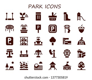 park icon set. 30 filled park icons.  Simple modern icons about  - Trapeze, Tree, Inflatable, Picnic, Waterpark, Playground, Trampoline, Fountain, Parking, Slide, Acorn, Parkings