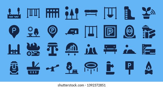 park icon set. 32 filled park icons. on blue background style Simple modern icons about  - Lake, Parking, Trampoline, Moai, Swing, Park, Campfire, Picnic, Segovia, Parking sign