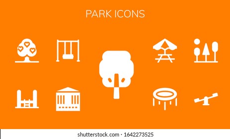 park icon set. 9 filled park icons.  Simple modern icons such as: Tree, Carousel, Swing, Trampoline, Swings, Trees, Picnic table