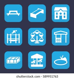 park icon. Set of 9 park filled icons such as garden bench, house, gazebo, trampoline, pond, carousel
