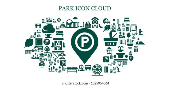 park icon set. 93 filled park icons.  Simple modern icons about  - Parking sign, Trapeze, Spruce, Roller coaster, Slide, Park, Bench, Ferris wheel, Swing, Parking, Bumper car