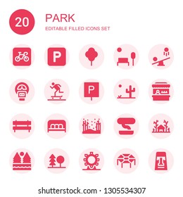 park icon set. Collection of 20 filled park icons included Parking, Tree, Park, Seesaw, Parking meter, Skater, Desert, Fairground, Bench, Forest, Bonsai, Ferris wheel, Trampoline