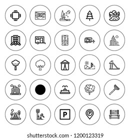 Park icon set. collection of 25 outline park icons with bench, city, caravan, desert, forest, fountain, lake, landscape, parking sign, pine, parking icons. editable icons.