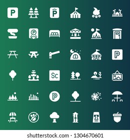 park icon set. Collection of 36 filled park icons included Acorn, Moai, Free fall, Tree, No pets, Picnic table, Desert, Parking, Cityscape, Landscape, Hill, Forest, Scout, Fountain