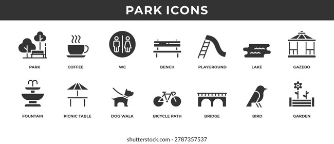 Park icon set. Consisting of solid blue such as bench, playground, fountain, dog walk, garden, and many more.